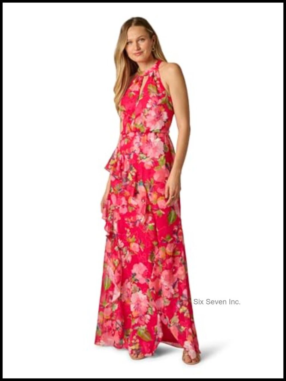 Floral Print Mermaid Dress Halter Neck Ruffled Maxi Side Slit Chiffon